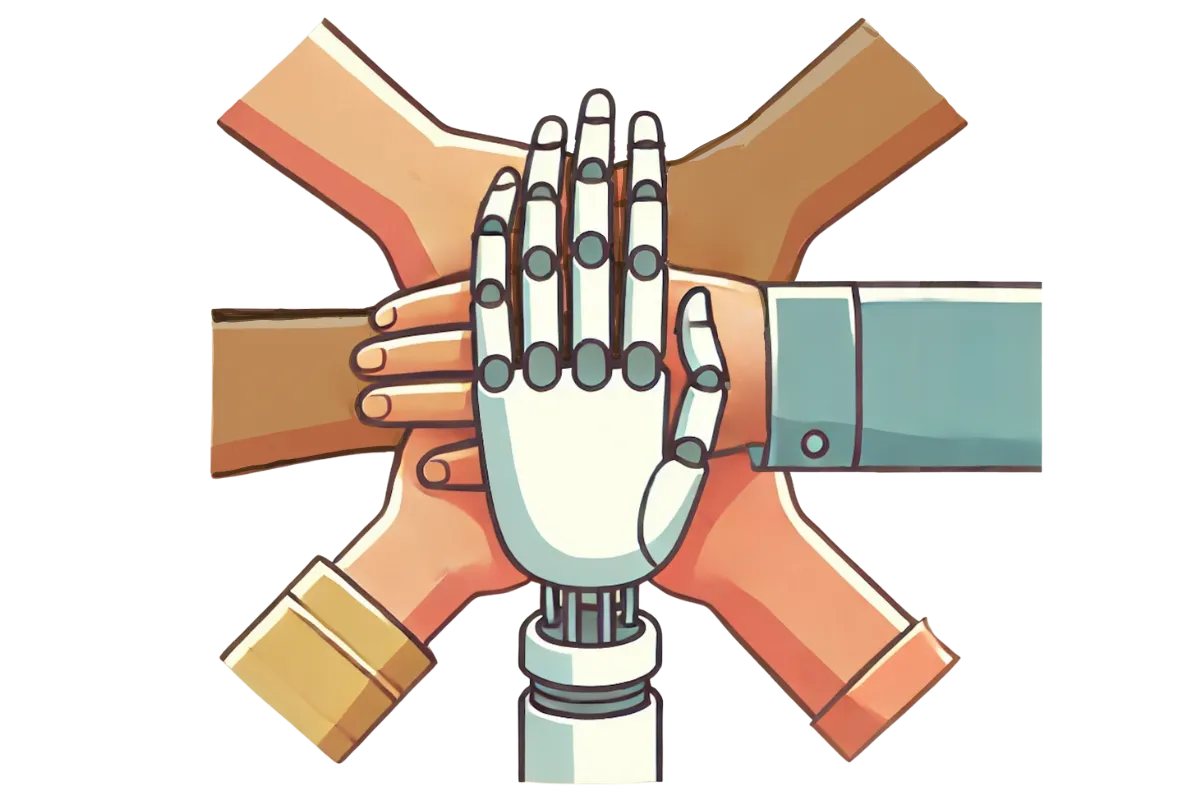 A circle of human hands and a robot hand stacked together in a show of community